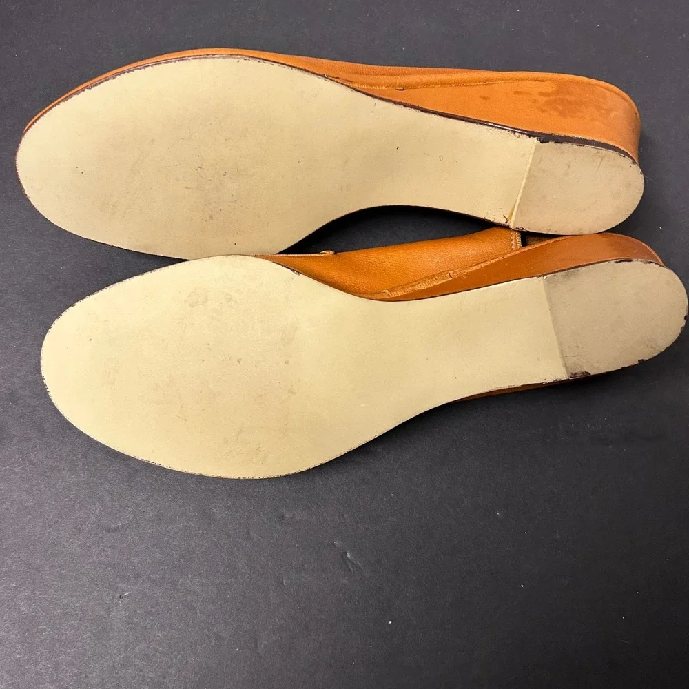 Control Step Slingback Wedges Womens 7.5 Tan Good Peep Toe Leather Gold Hardware